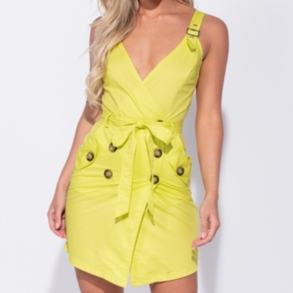 Mini Dress Button Trim Wrapover Yellow Neon